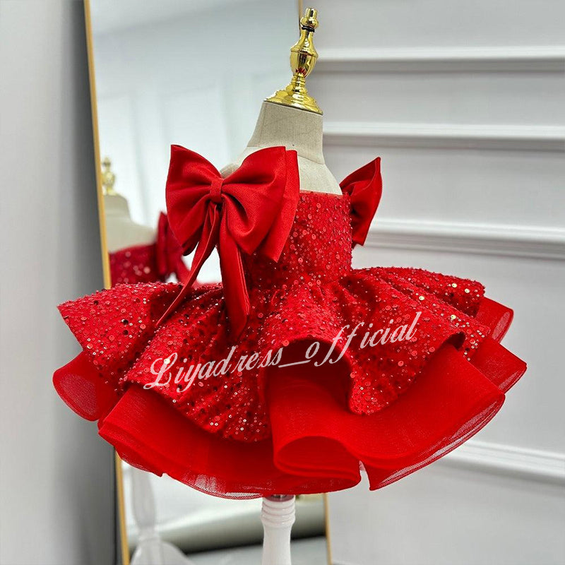 strapless open back dress Red Sequin Baby Girl Dress with Headband